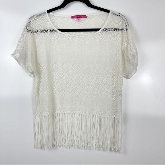 Derek Heart Sheer Fringe Lace Short Sleeve Top Festival Western Size Medium - Picture 1 of 7
